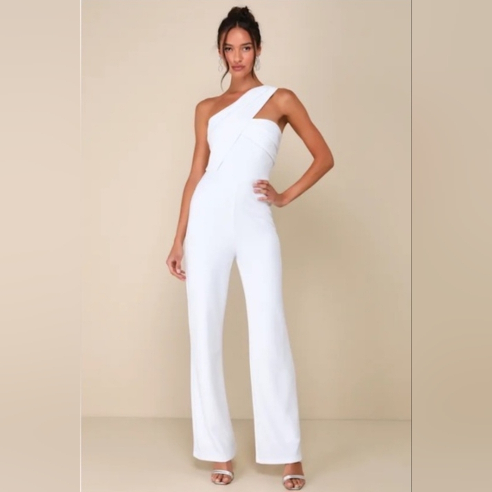Lulus Devoted to Fun Ivory One-Shoulder Sleeveless Jumpsuit Size Large